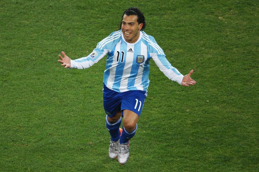 Carlos Tevez celebrates one of his two goals against Mexico in the World Cup.